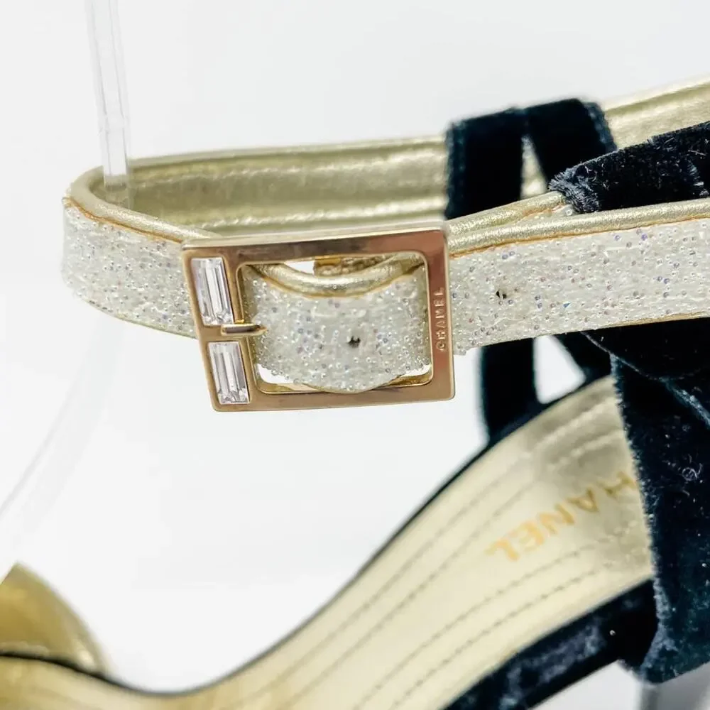 Chanel Vintage Black Velvet Champagne Glitter Evening Sandals size 37.5C